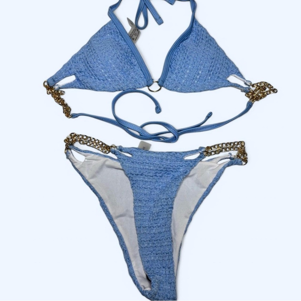 Blue Crochet Bikini with Gold Chain Accents